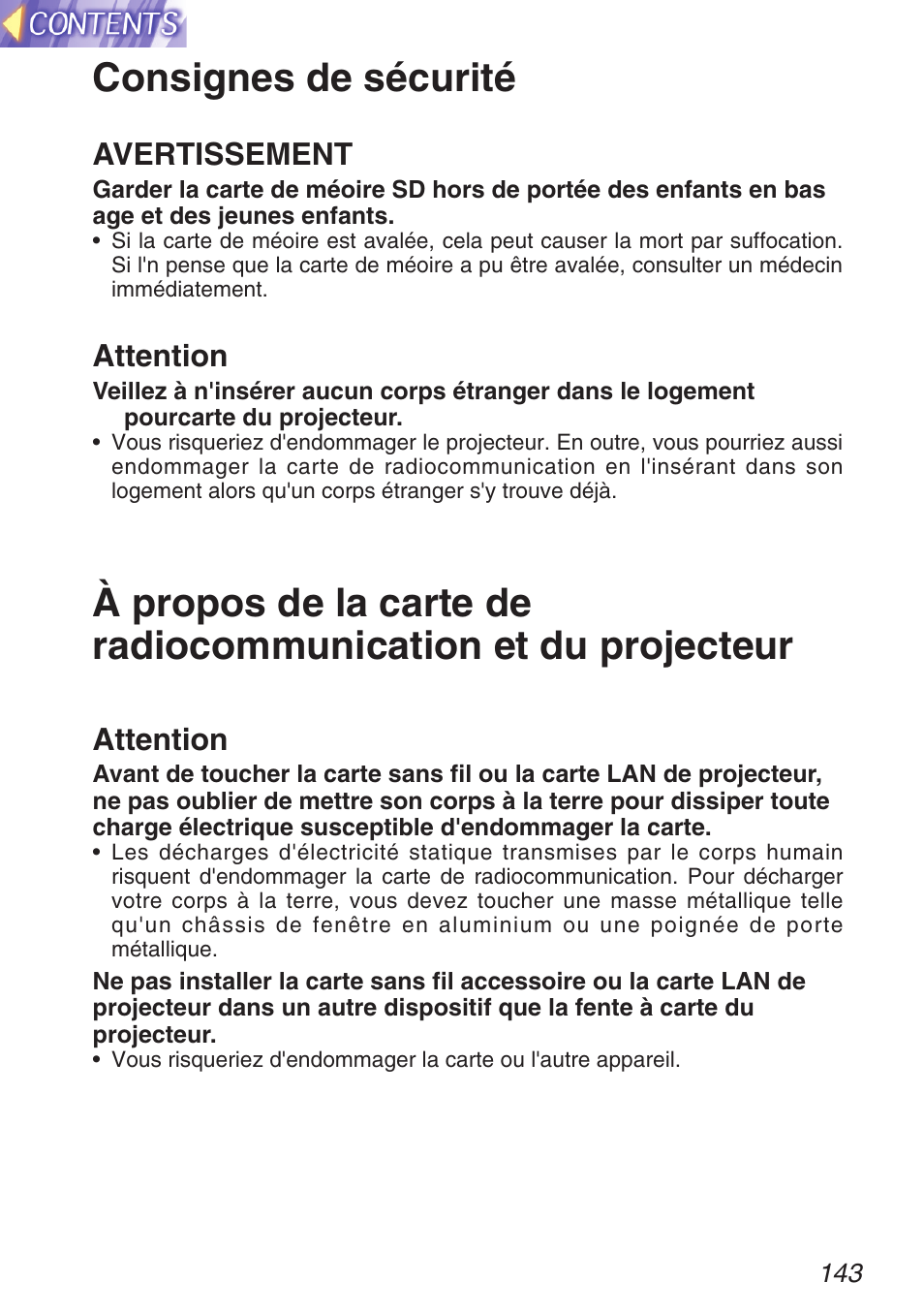 Consignes de securite, Consignes de sécurité, Avertissement | Attention | Panasonic TQBH9003-6 User Manual | Page 143 / 146