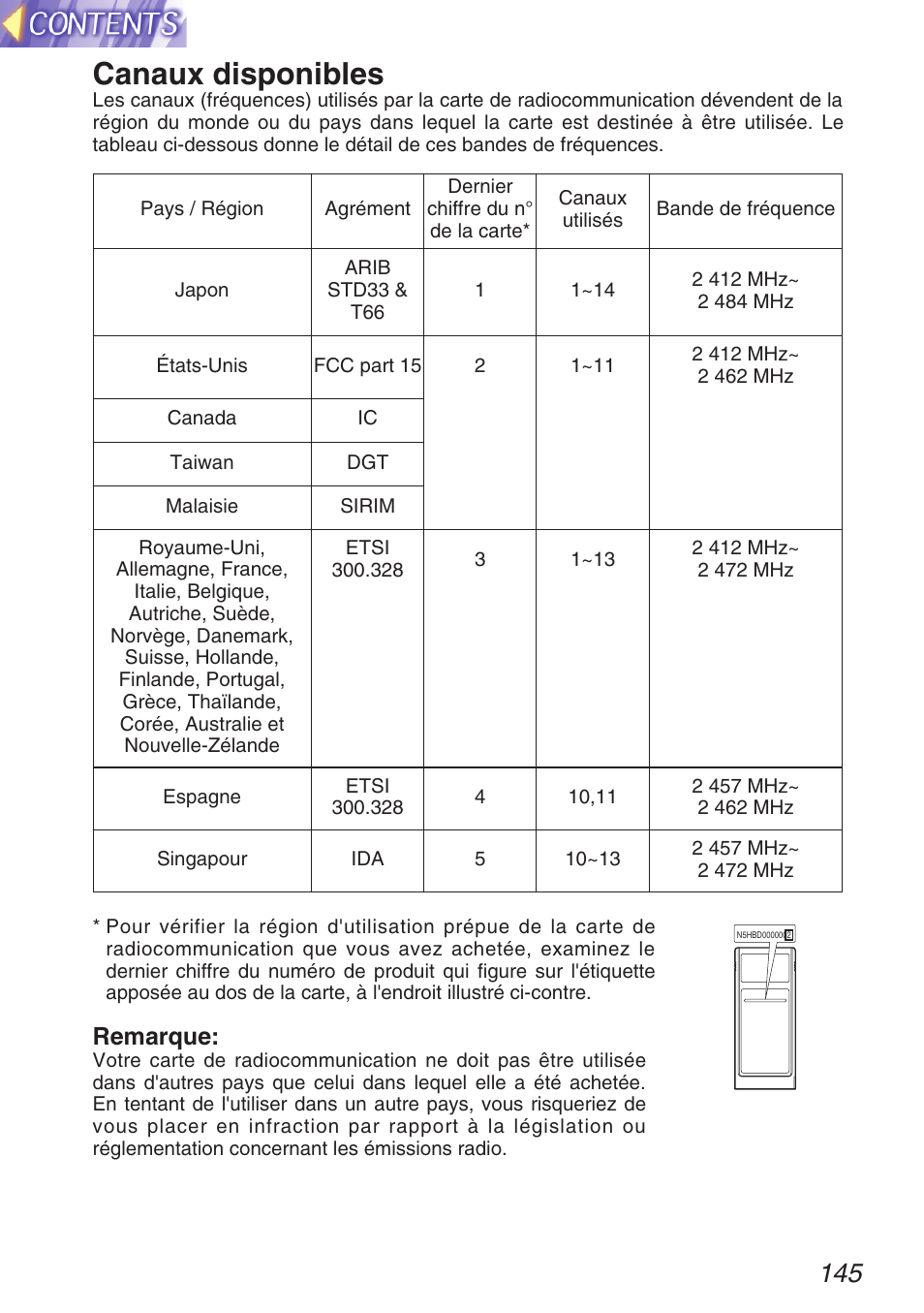 Canaux disponibles, Remarque | Panasonic TQBH9003-6 User Manual | Page 145 / 146