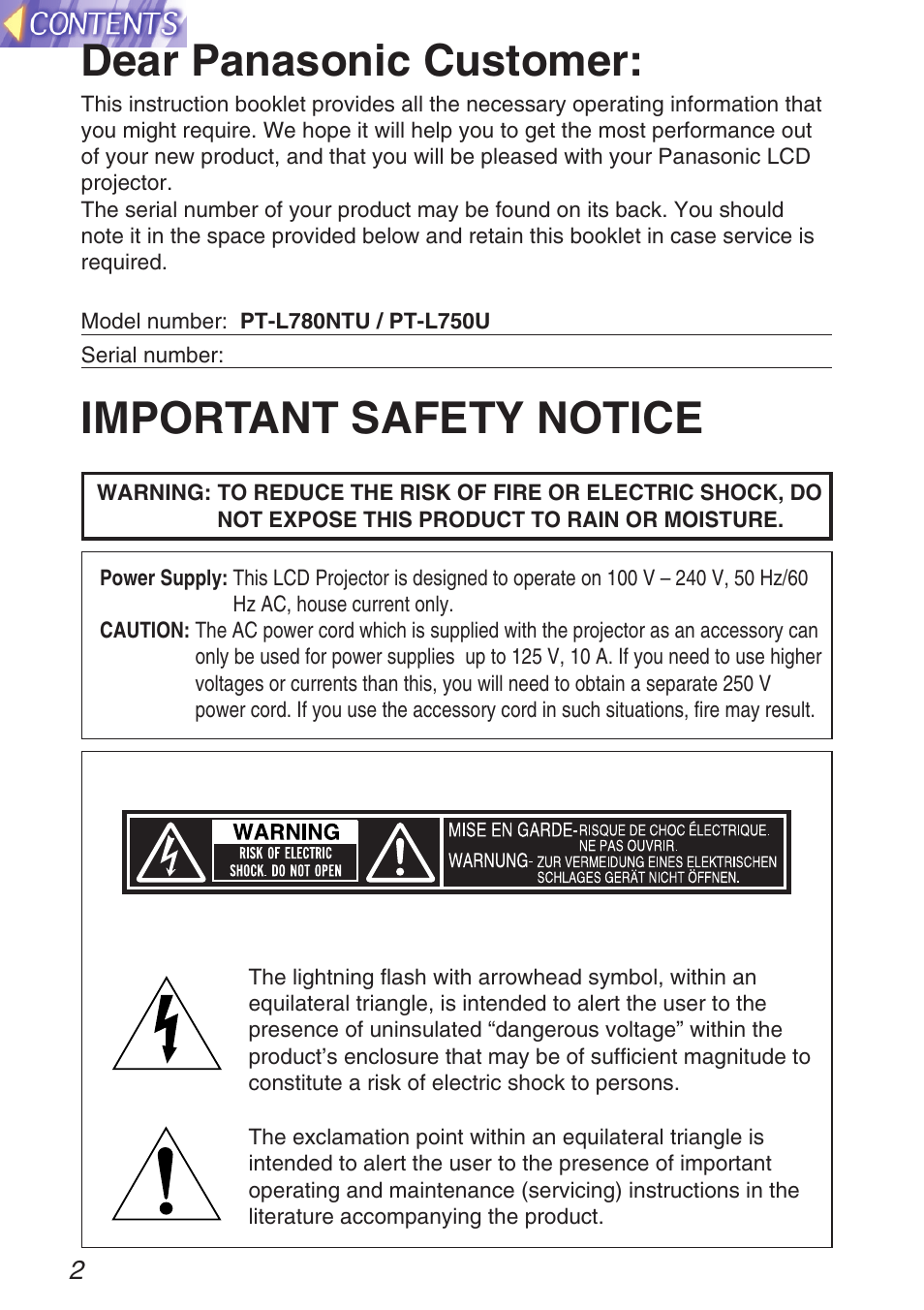 Preparation, Important safety notice, Dear panasonic customer | Panasonic TQBH9003-6 User Manual | Page 2 / 146