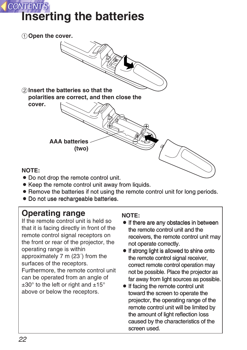 Inserting the batteries, Operating range | Panasonic TQBH9003-6 User Manual | Page 22 / 146