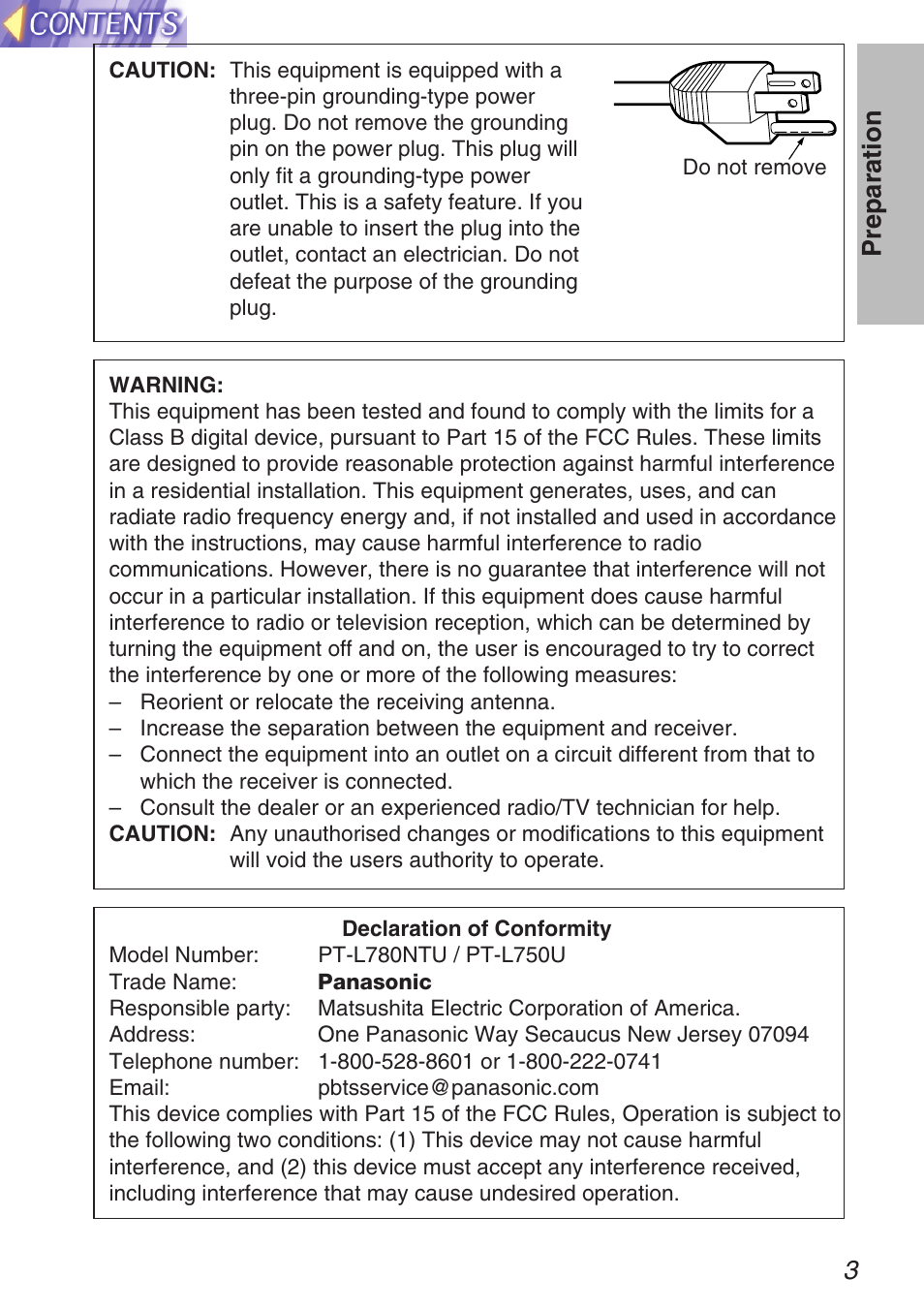 3preparation | Panasonic TQBH9003-6 User Manual | Page 3 / 146