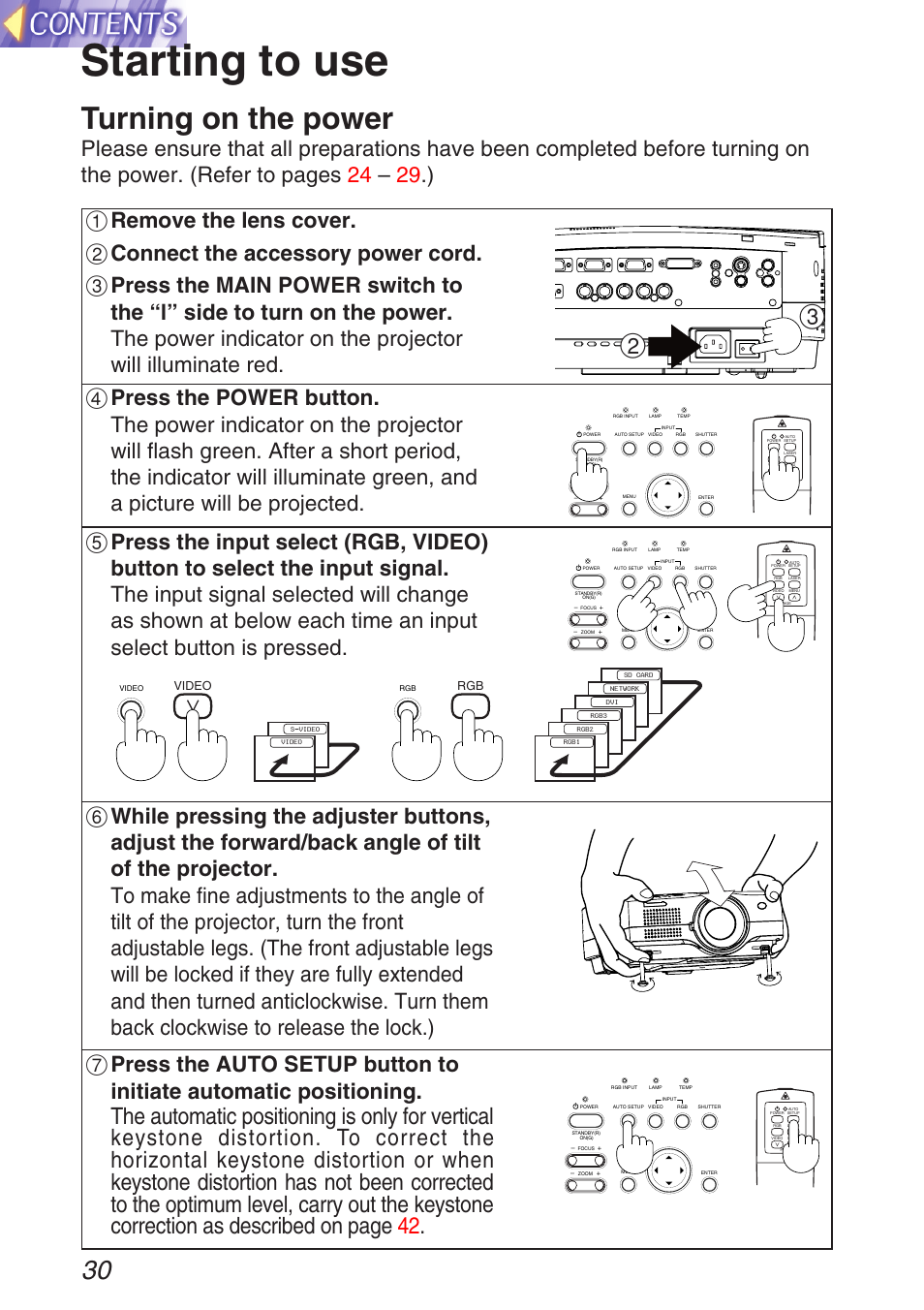 Basic operation, Starting to use, Turning on the power | Rgb video | Panasonic TQBH9003-6 User Manual | Page 30 / 146