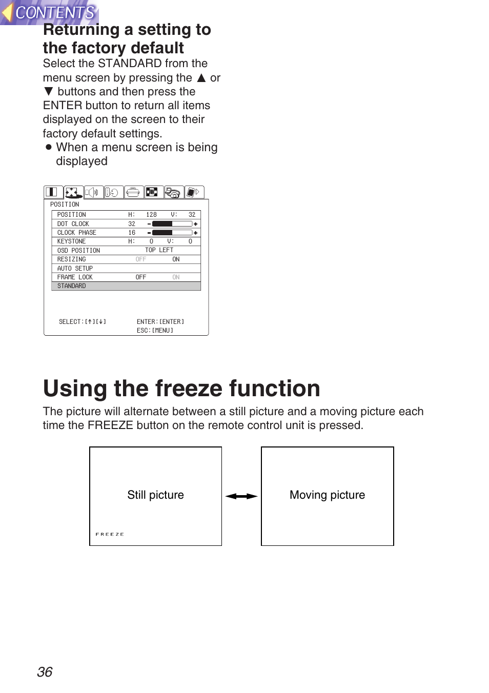 Using the freeze function, Returning a setting to the factory default, When a menu screen is being displayed | Panasonic TQBH9003-6 User Manual | Page 36 / 146