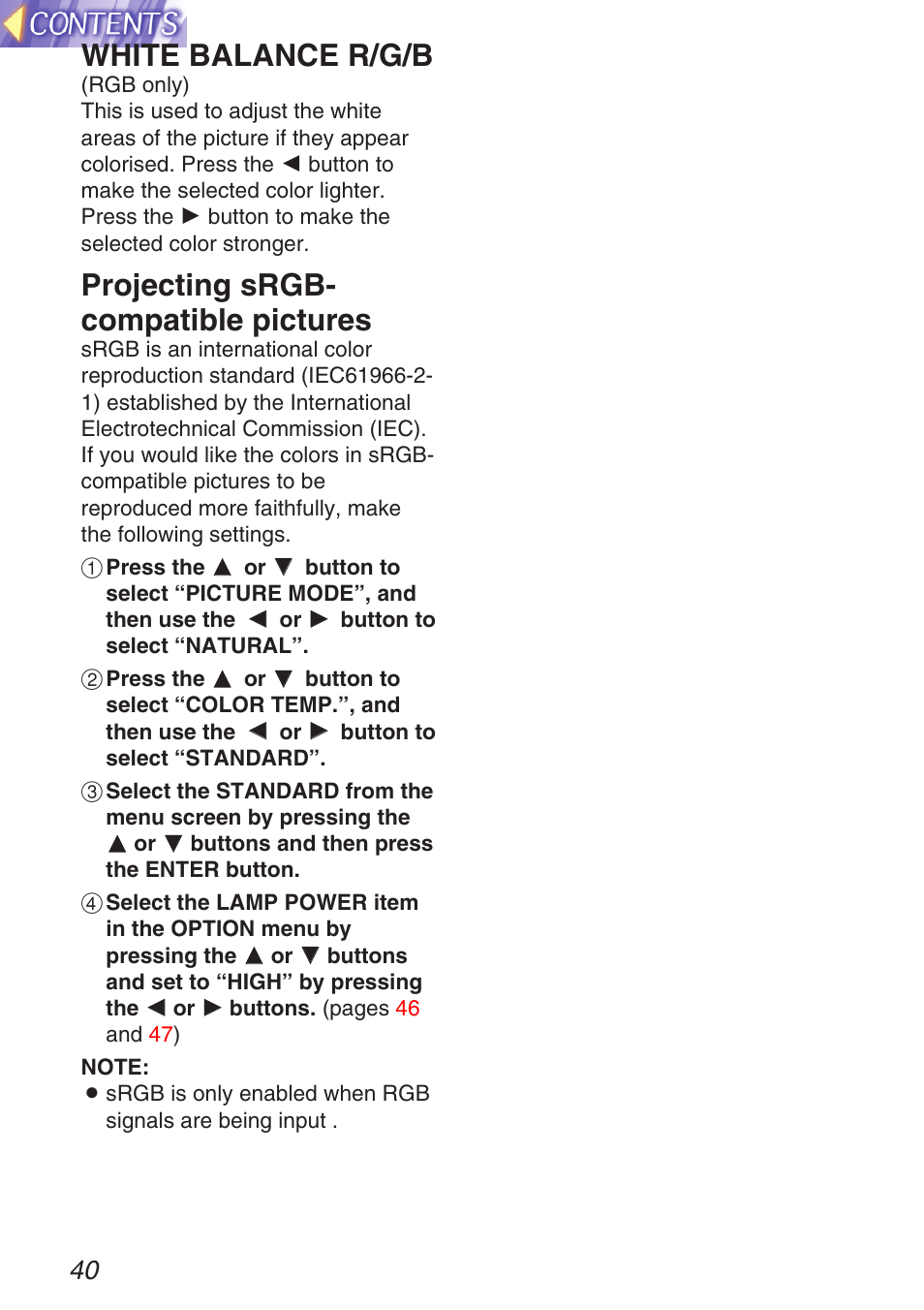 White balance r/g/b, Projecting srgb- compatible pictures | Panasonic TQBH9003-6 User Manual | Page 40 / 146