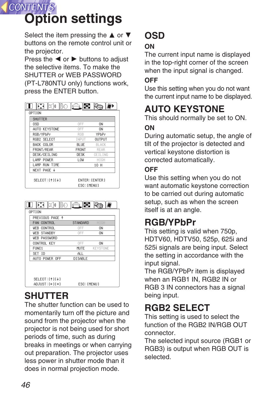 Advanced operation, Option settings, Shutter | Auto keystone, Rgb/ypbpr, Rgb2 select | Panasonic TQBH9003-6 User Manual | Page 46 / 146