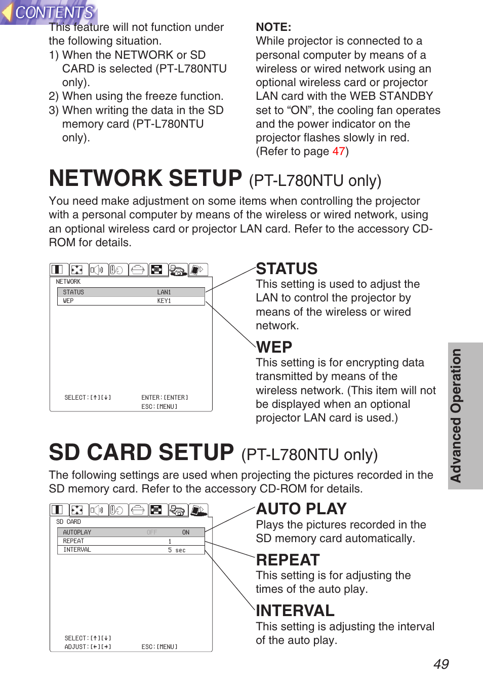Network setup, Sd card setup, Pt-l780ntu only) | Status, Auto play, Repeat, Interval, 49 advanced operation | Panasonic TQBH9003-6 User Manual | Page 49 / 146