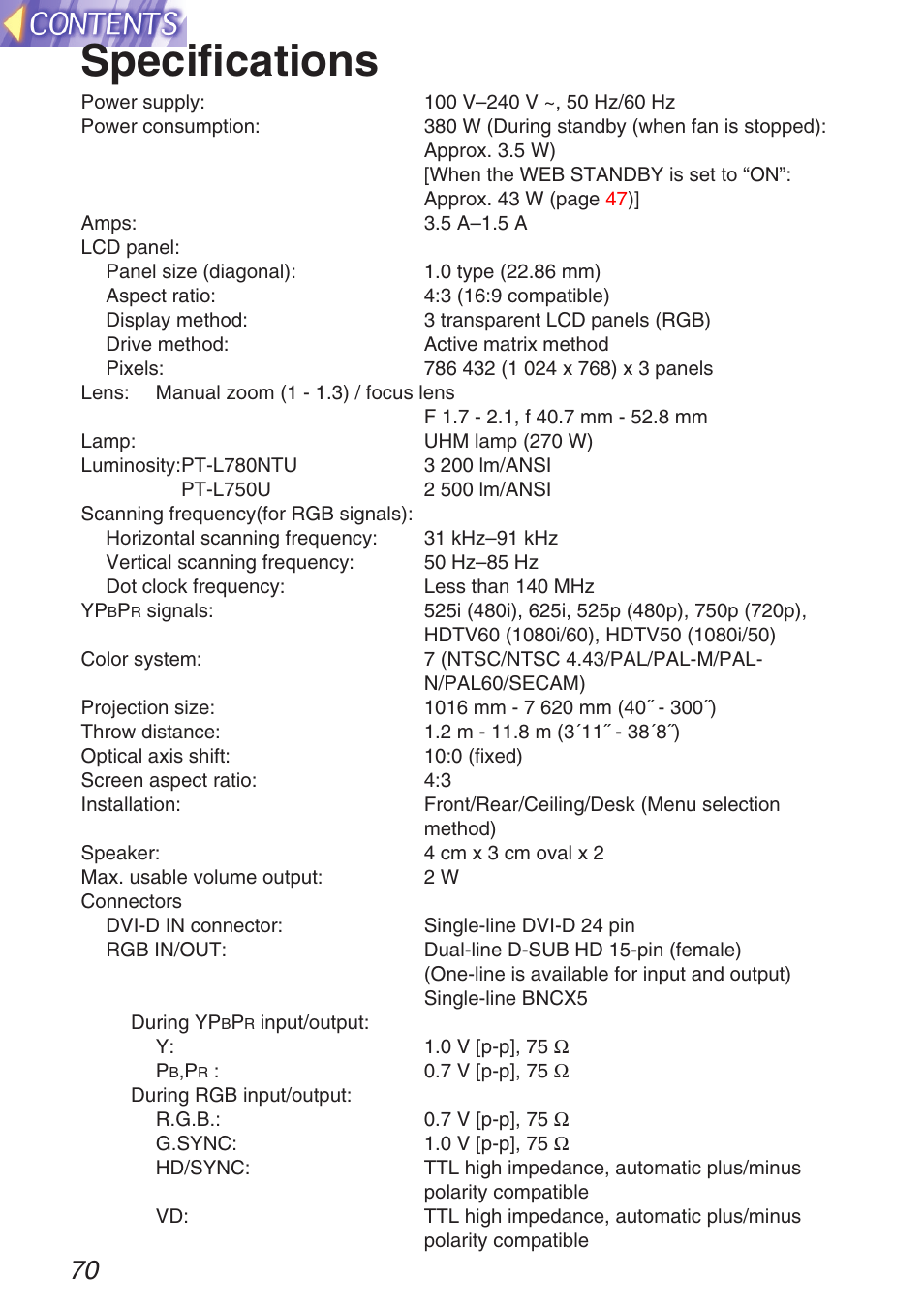 Specifications | Panasonic TQBH9003-6 User Manual | Page 70 / 146