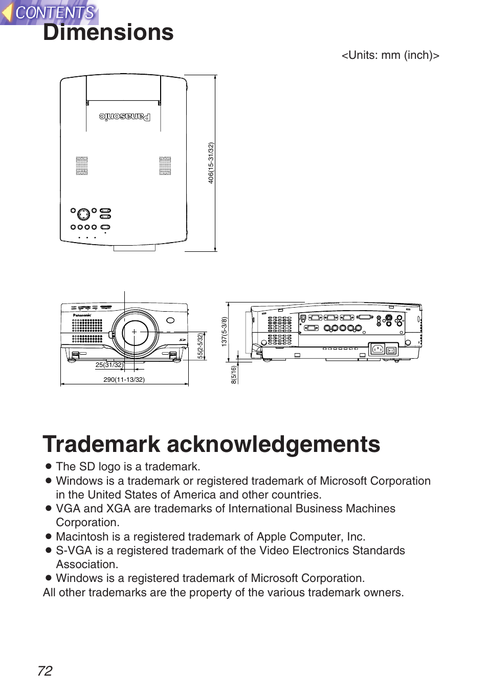 Dimensions, Trademark acknowledgements | Panasonic TQBH9003-6 User Manual | Page 72 / 146