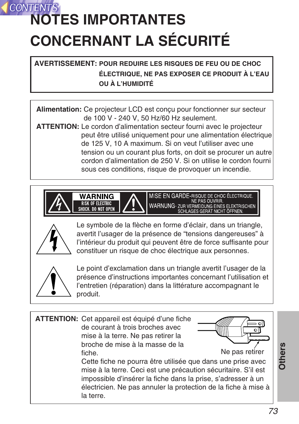 Notes importantes concernant la securite | Panasonic TQBH9003-6 User Manual | Page 73 / 146