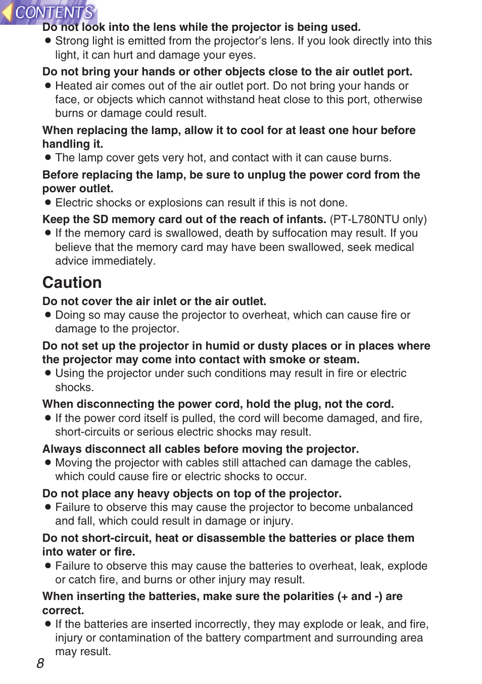 Caution | Panasonic TQBH9003-6 User Manual | Page 8 / 146
