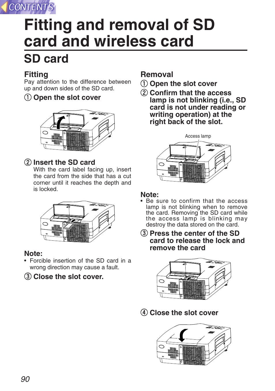 Fitting and removal of sd card and wireless card, Sd card | Panasonic TQBH9003-6 User Manual | Page 90 / 146