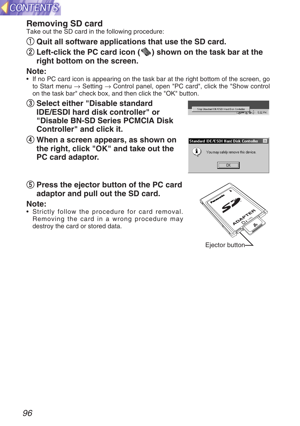 96 removing sd card | Panasonic TQBH9003-6 User Manual | Page 96 / 146