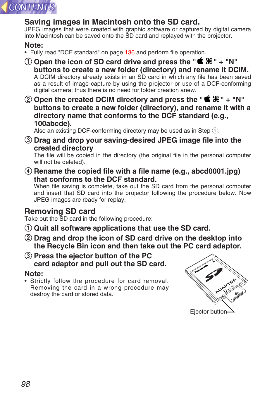 98 saving images in macintosh onto the sd card, Removing sd card | Panasonic TQBH9003-6 User Manual | Page 98 / 146