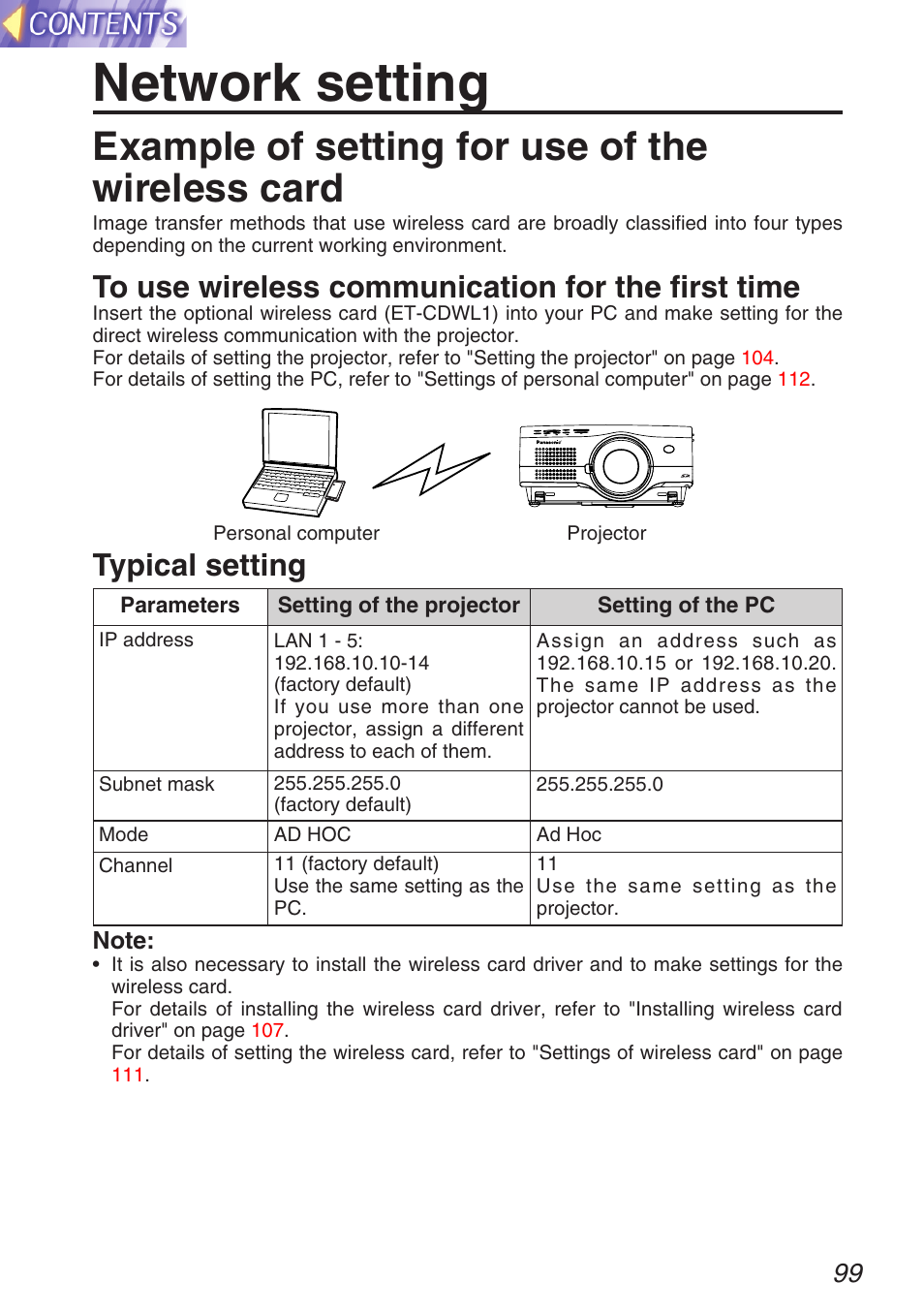 Network setting, Example of setting for use of the wireless card, Typical setting | Panasonic TQBH9003-6 User Manual | Page 99 / 146