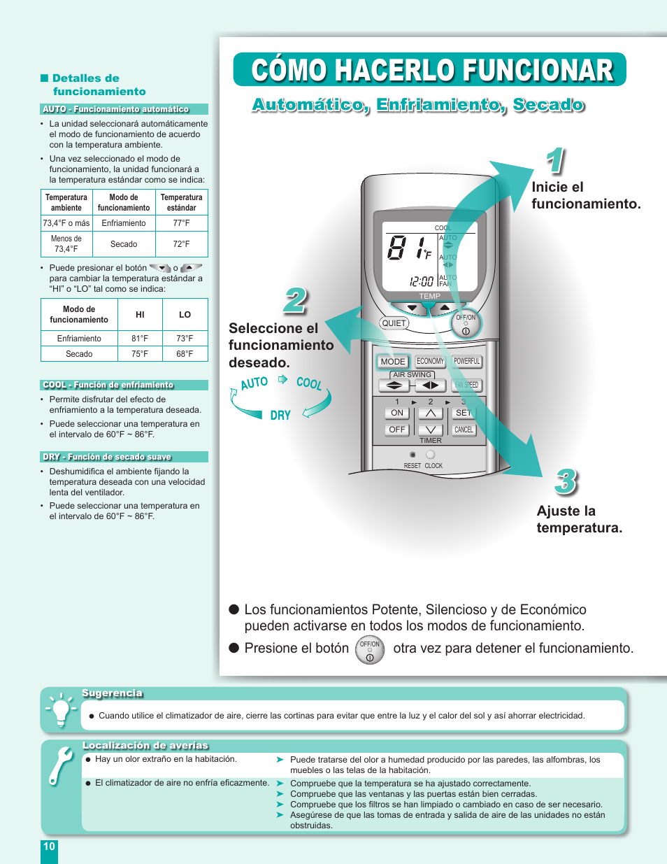 Cómo hacerlo funcionar, Automático, enfriamiento, secado, Otra vez para detener el funcionamiento | Panasonic CU-C24DKU User Manual | Page 10 / 16