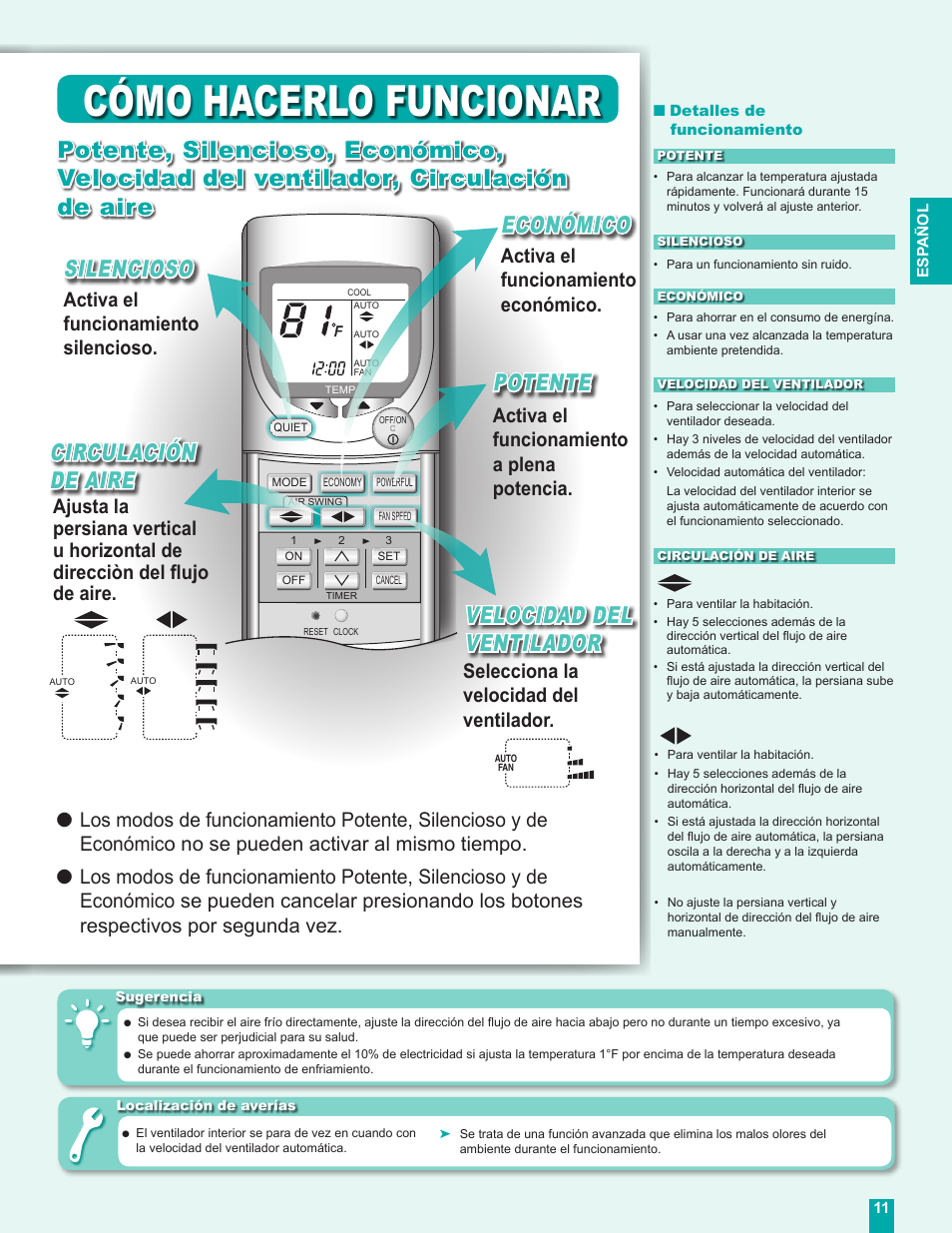 Cómo hacerlo funcionar, Silencioso potente, Velocidad del ventilador | Circulación de aire, Económico, Selecciona la velocidad del ventilador, Activa el funcionamiento económico | Panasonic CU-C24DKU User Manual | Page 11 / 16