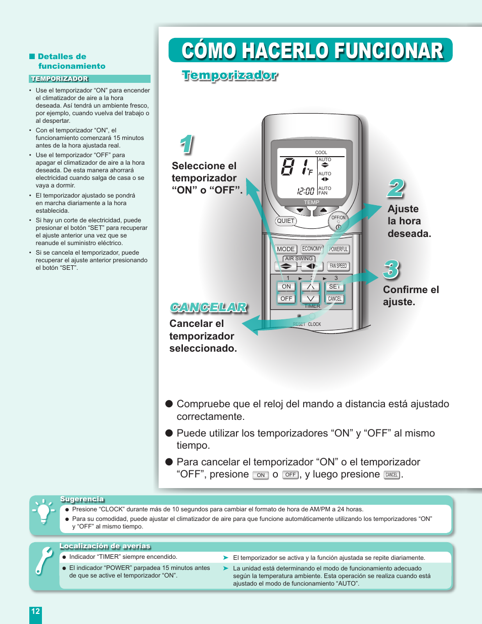 Cómo hacerlo funcionar, Cancelar, Temporizador | Y luego presione | Panasonic CU-C24DKU User Manual | Page 12 / 16