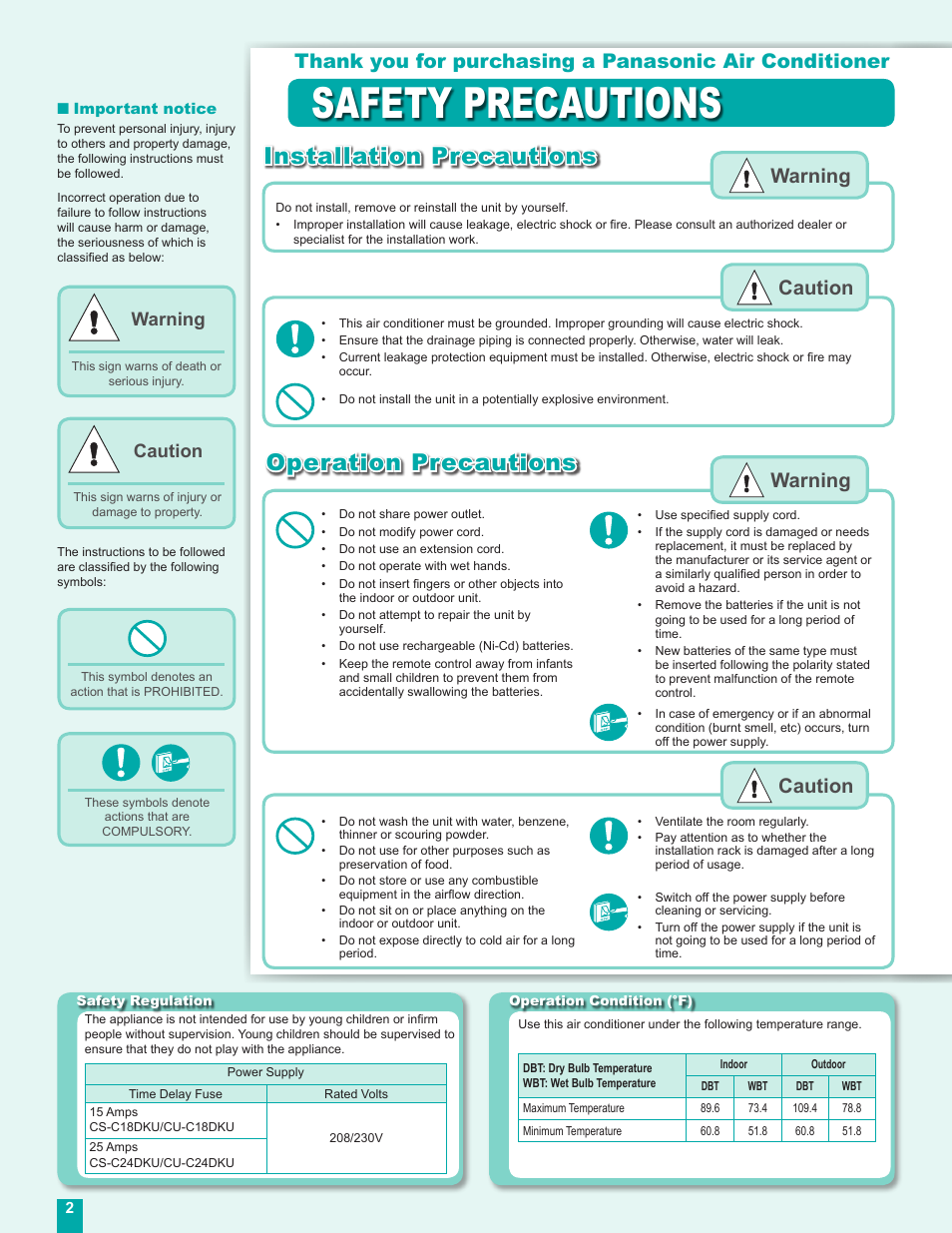 English, Safety precautions, Installation precautions | Operation precautions, Warning caution warning caution, Warning, Caution | Panasonic CU-C24DKU User Manual | Page 2 / 16