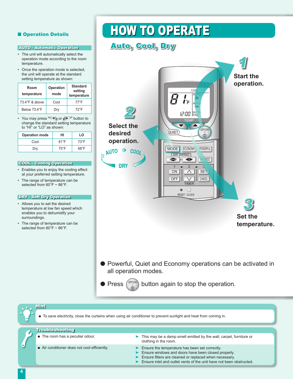 How to operate, Auto, cool, dry, Select the desired operation | Set the temperature. start the operation, Button again to stop the operation | Panasonic CU-C24DKU User Manual | Page 4 / 16