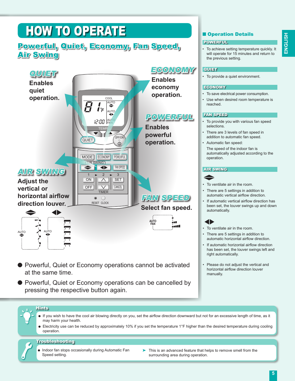 How to operate, Powerful, quiet, economy, fan speed, air swing, Quiet powerful | Fan speed, Air swing, Economy, Select fan speed, Enables economy operation | Panasonic CU-C24DKU User Manual | Page 5 / 16