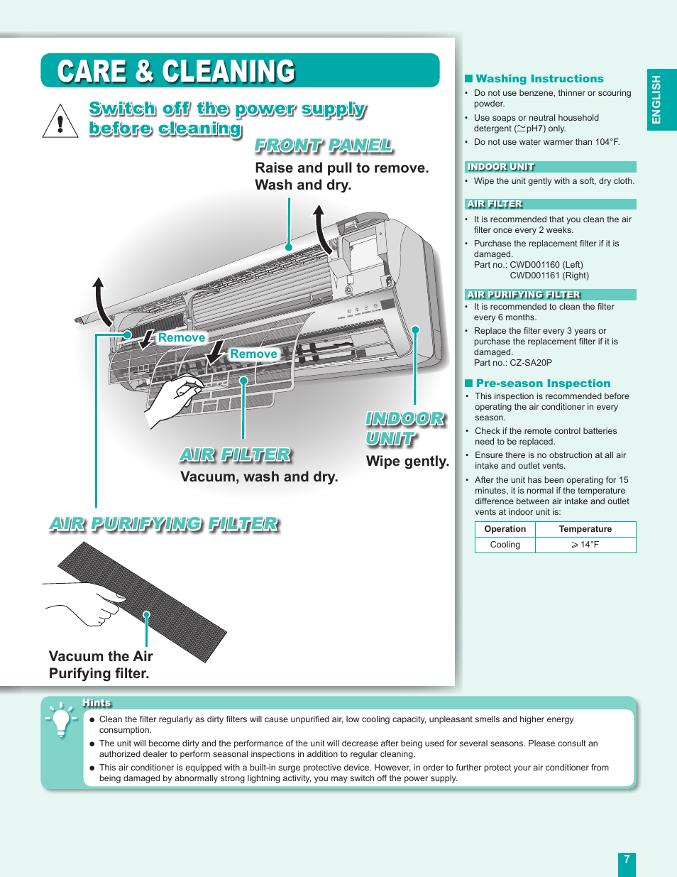 Care & cleaning, Switch off the power supply before cleaning, Air filter indoor unit | Front panel air purifying filter, Vacuum, wash and dry, Wipe gently, Raise and pull to remove. wash and dry, Vacuum the air purifying ﬁlter | Panasonic CU-C24DKU User Manual | Page 7 / 16