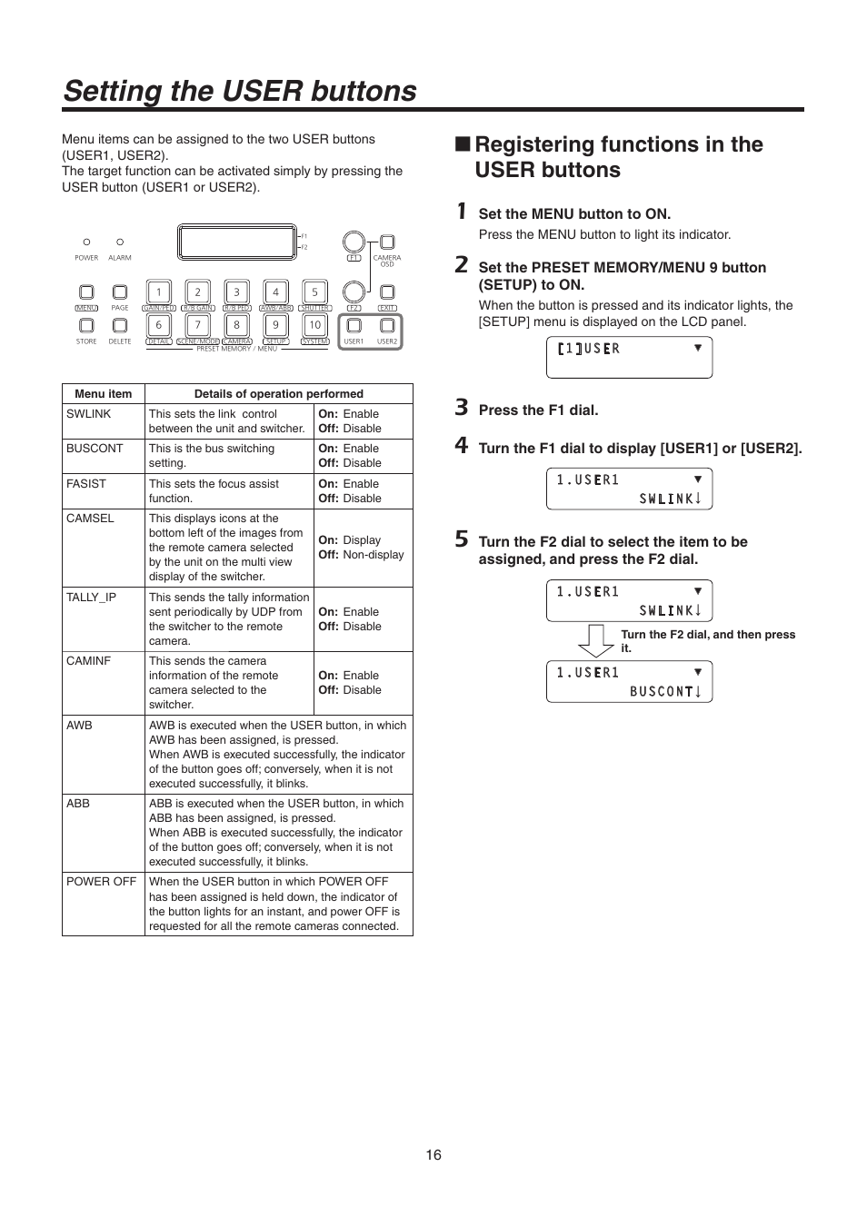 Setting the user buttons, Registering functions in the user buttons, Set the menu button to on | Press the f1 dial | Panasonic AW-RP50N User Manual | Page 16 / 48