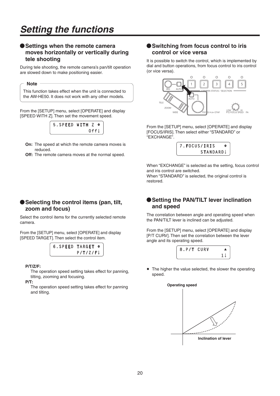 Setting the functions, Setting the pan/tilt lever inclination and speed | Panasonic AW-RP50N User Manual | Page 20 / 48