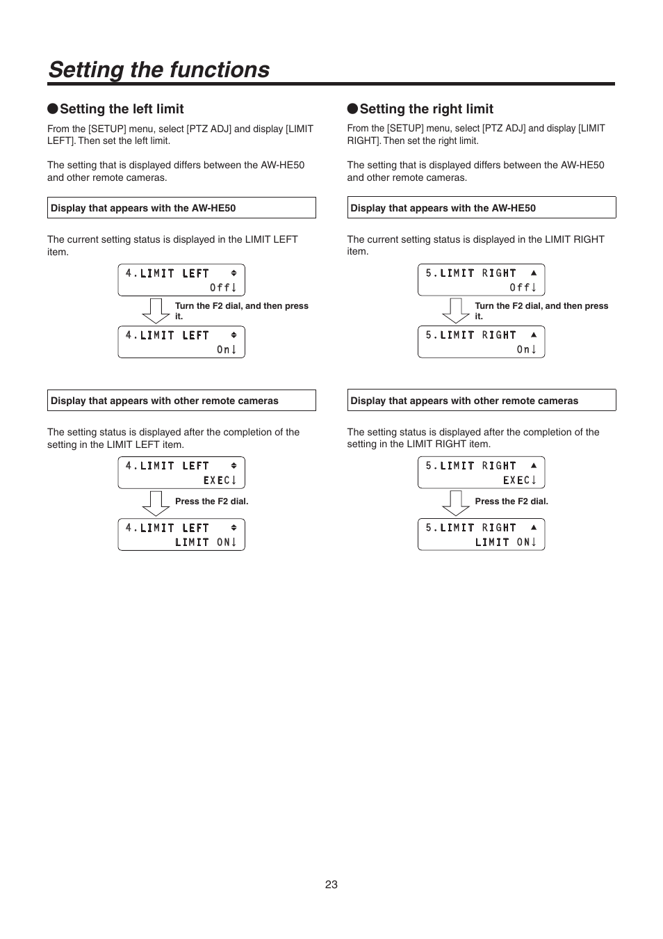 Setting the functions, Setting the left limit, Setting the right limit | Panasonic AW-RP50N User Manual | Page 23 / 48
