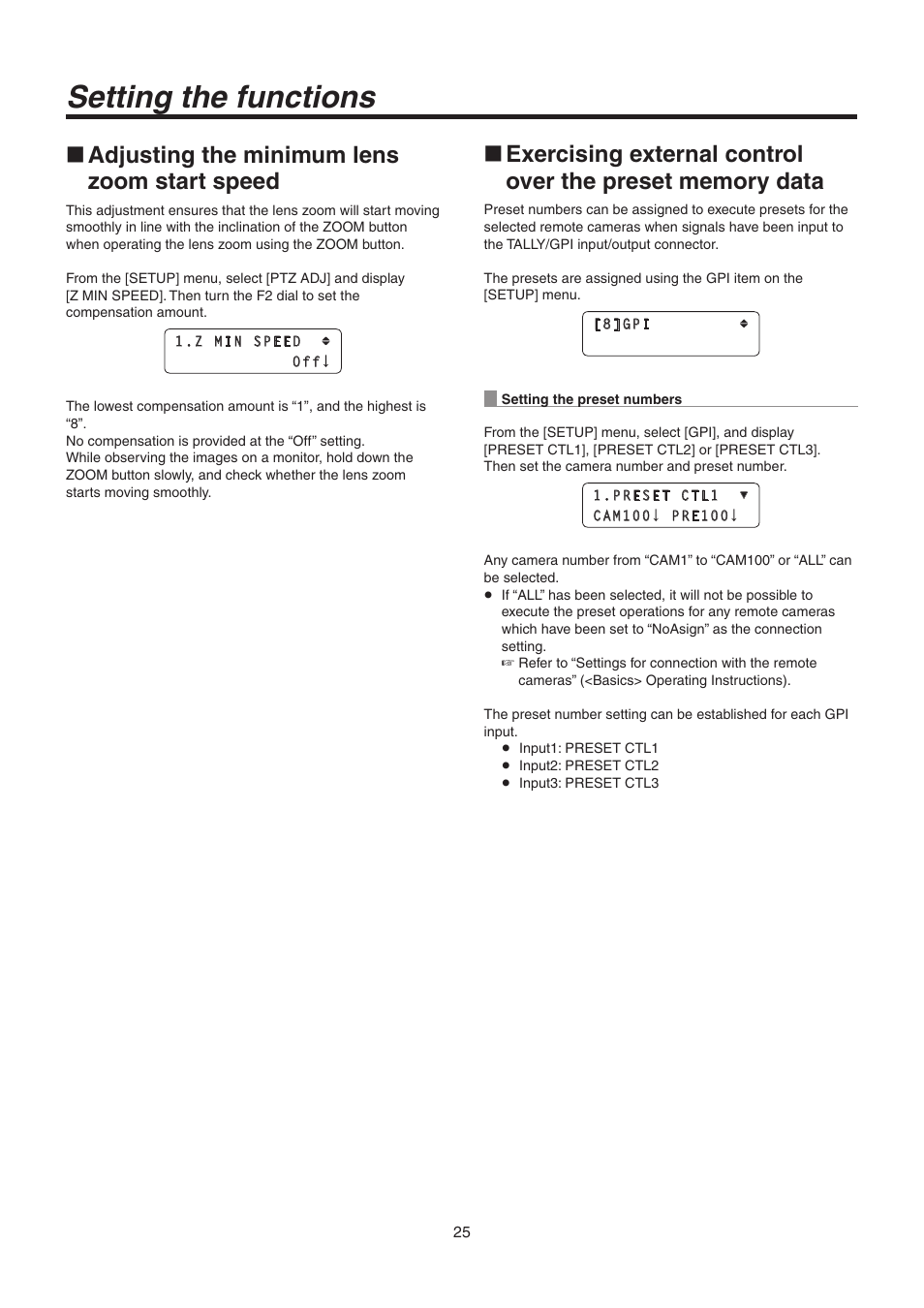 Setting the functions, Adjusting the minimum lens zoom start speed | Panasonic AW-RP50N User Manual | Page 25 / 48
