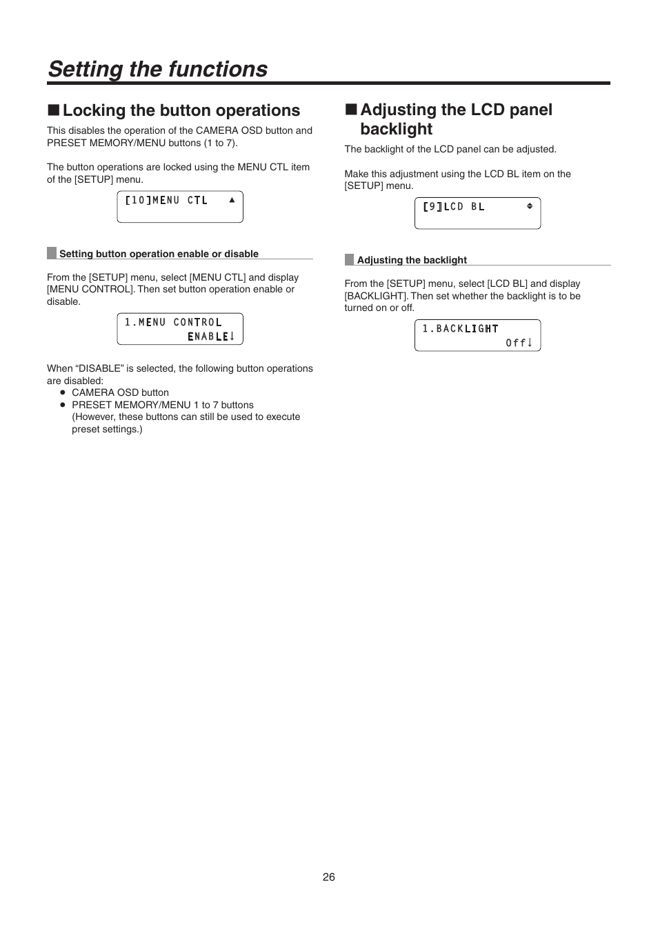 Setting the functions, Locking the button operations, Adjusting the lcd panel backlight | Panasonic AW-RP50N User Manual | Page 26 / 48