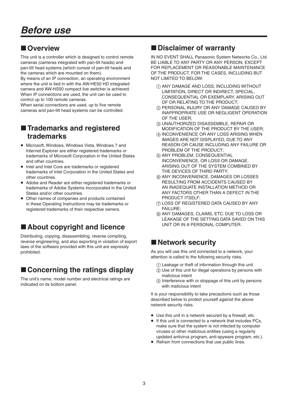 Before use, Overview, Trademarks and registered trademarks | About copyright and licence, Concerning the ratings display, Disclaimer of warranty, Network security | Panasonic AW-RP50N User Manual | Page 3 / 48