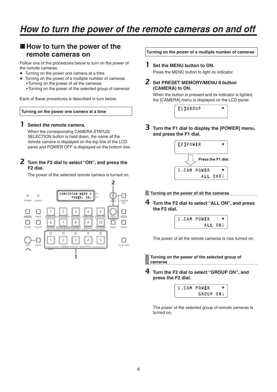 How to turn the power of the remote cameras on, Select the remote camera, Set the menu button to on | Panasonic AW-RP50N User Manual | Page 4 / 48