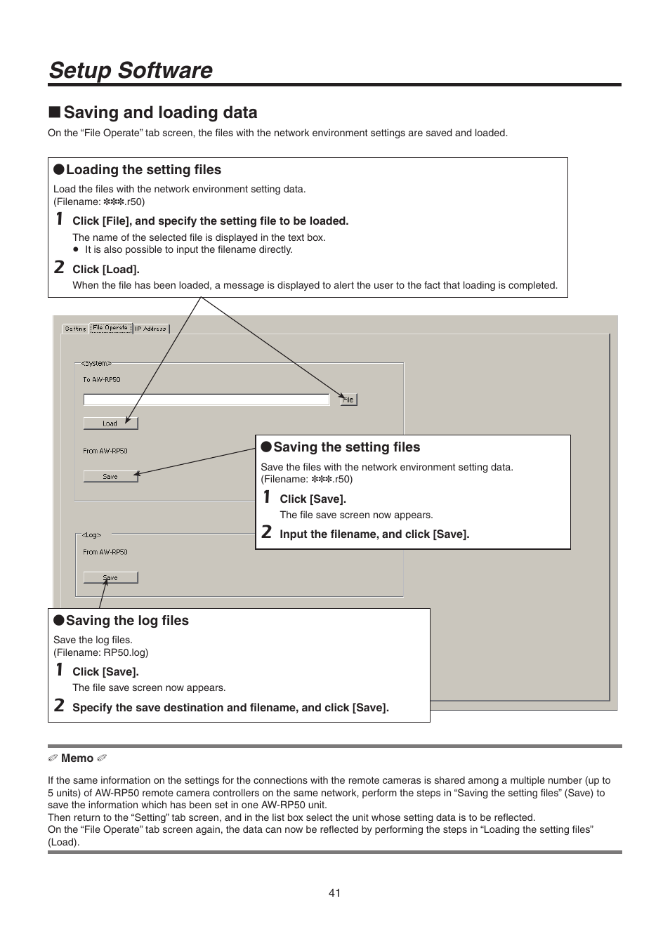 Setup software, Saving and loading data | Panasonic AW-RP50N User Manual | Page 41 / 48