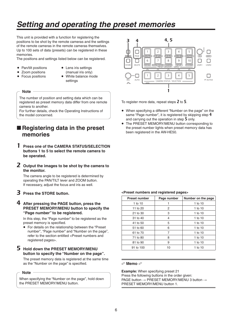 Setting and operating the preset memories | Panasonic AW-RP50N User Manual | Page 6 / 48