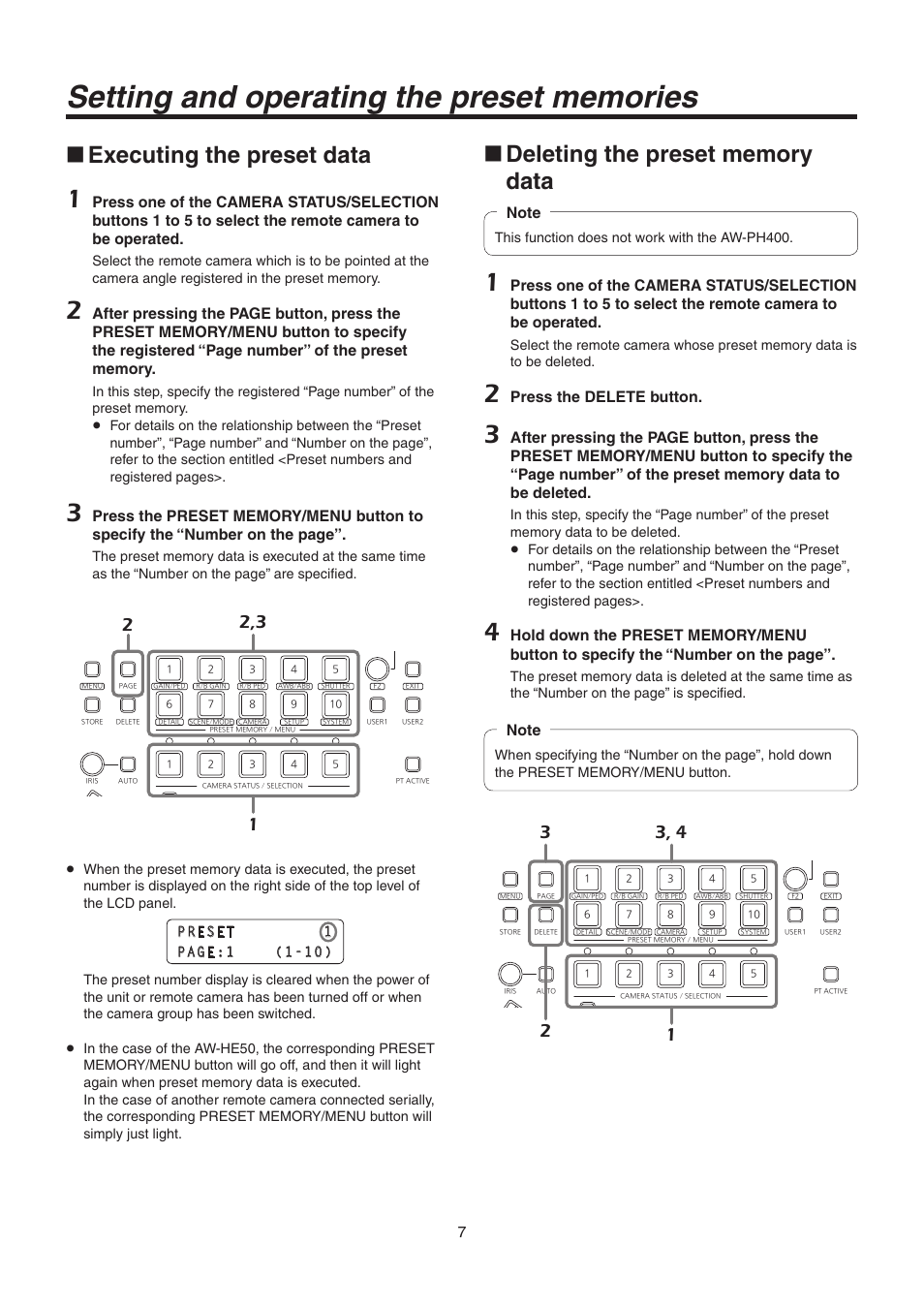 Executing the preset data, Press the delete button | Panasonic AW-RP50N User Manual | Page 7 / 48