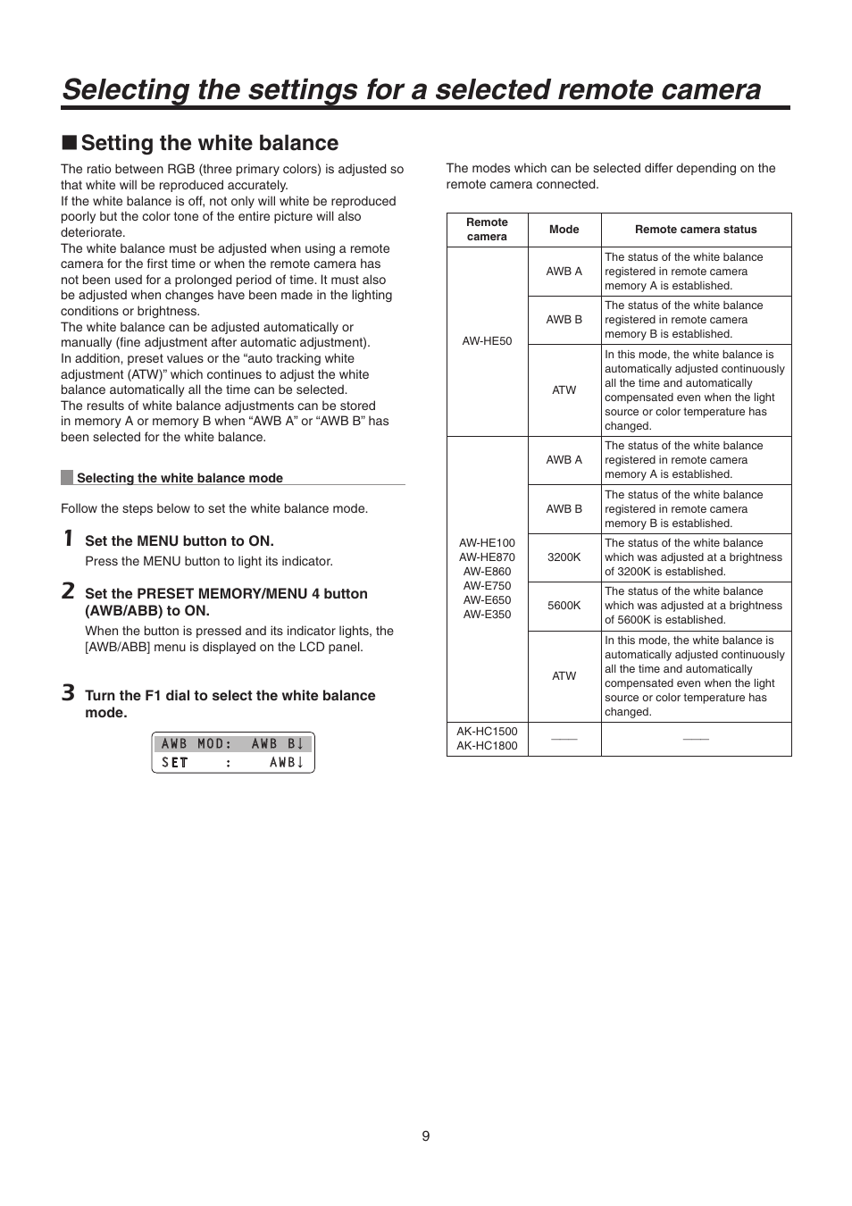 Setting the white balance | Panasonic AW-RP50N User Manual | Page 9 / 48