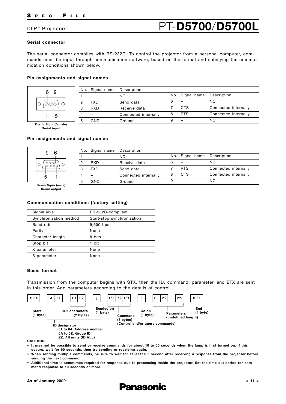 Serial connector, Communication conditions (factory setting), Basic format | Projectors | Panasonic DLP PT-D5700 User Manual | Page 11 / 15