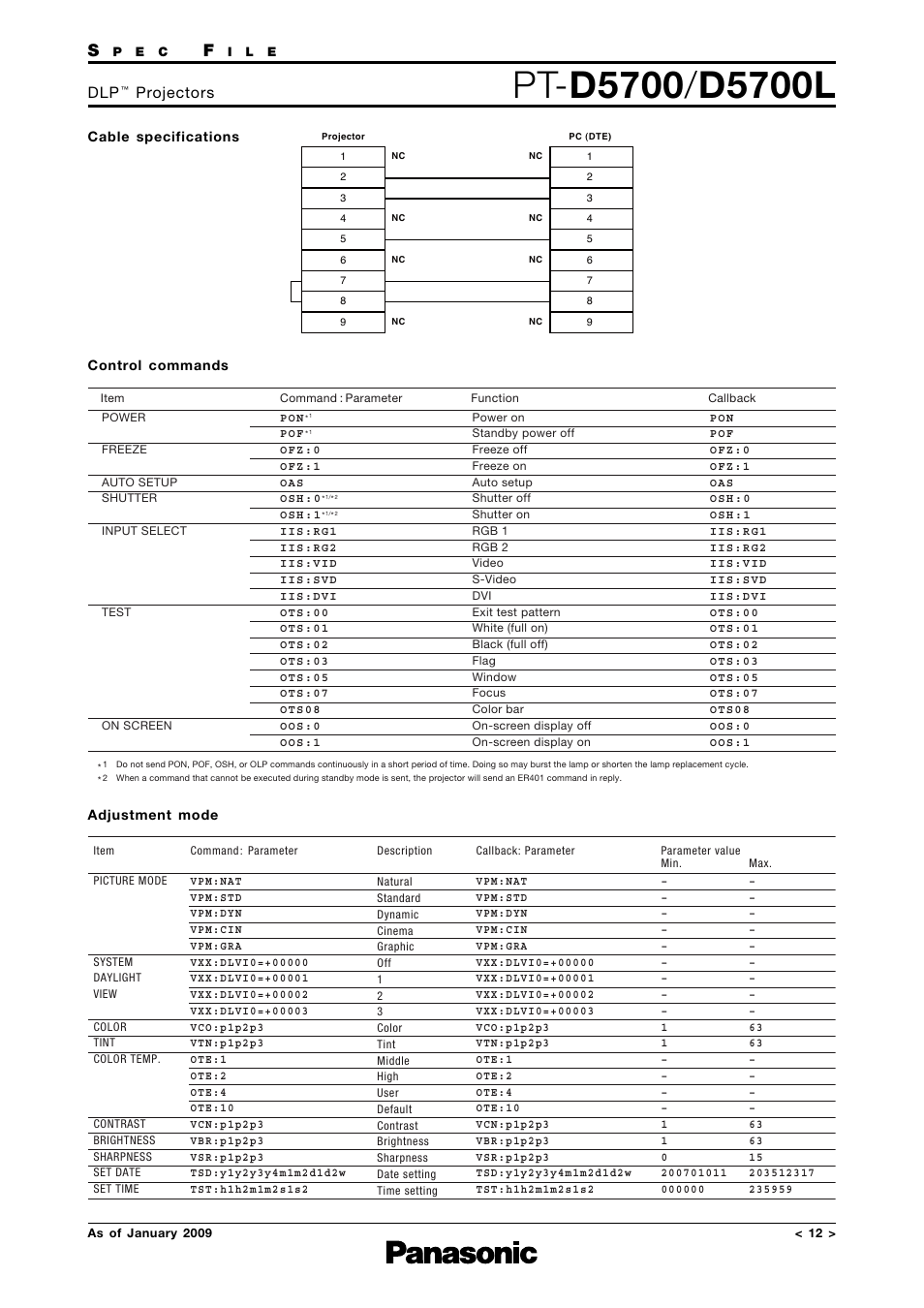 Cable specifications, Control commands, Adjustment mode | Projectors | Panasonic DLP PT-D5700 User Manual | Page 12 / 15