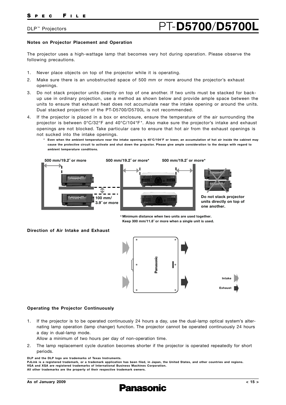 Notes on projector placement and operation, Direction of air intake and exhaust, Operating the projector continuously | Panasonic DLP PT-D5700 User Manual | Page 15 / 15