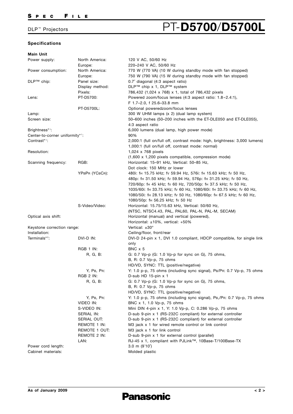 Specifications, Projectors | Panasonic DLP PT-D5700 User Manual | Page 2 / 15