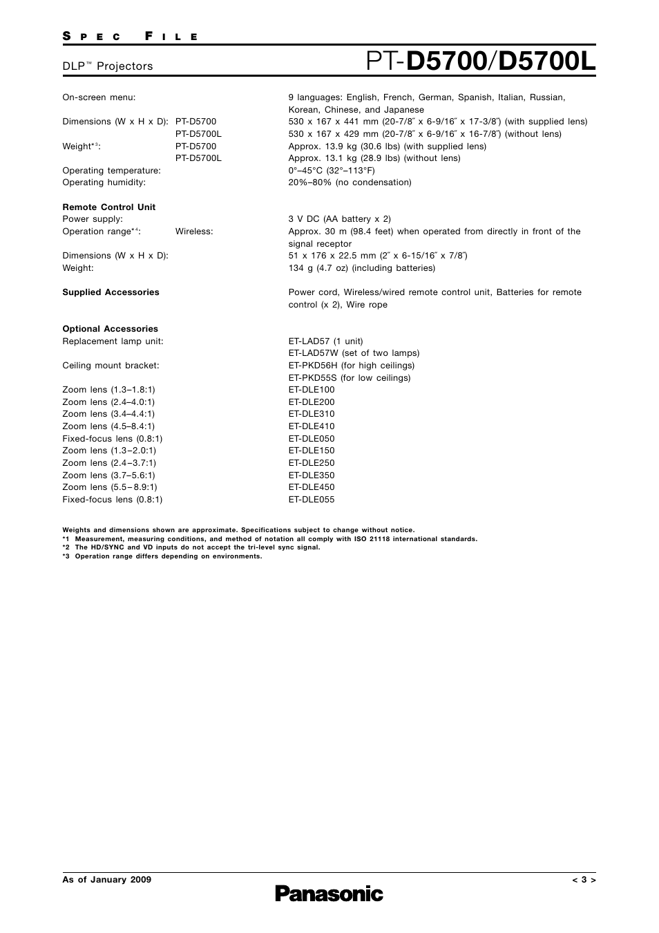 Specifications - 2, Projectors | Panasonic DLP PT-D5700 User Manual | Page 3 / 15