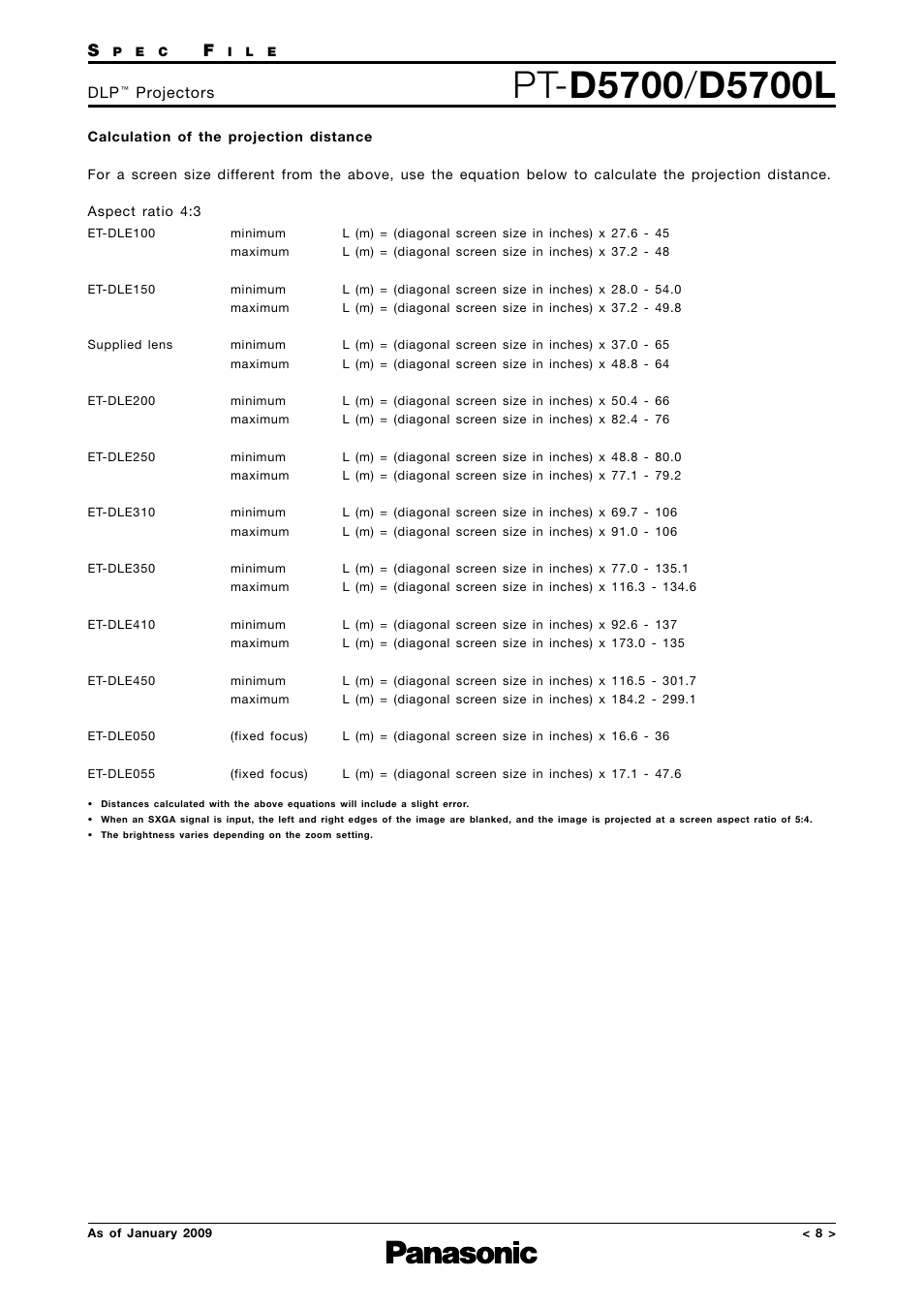 Calculation of the projection distance, Projectors | Panasonic DLP PT-D5700 User Manual | Page 8 / 15