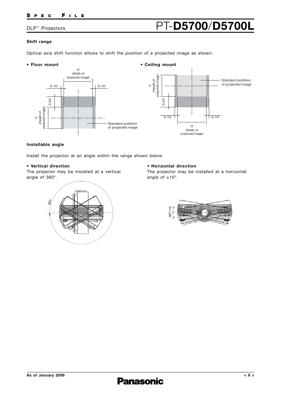 Shift range, Installable angle | Panasonic DLP PT-D5700 User Manual | Page 9 / 15