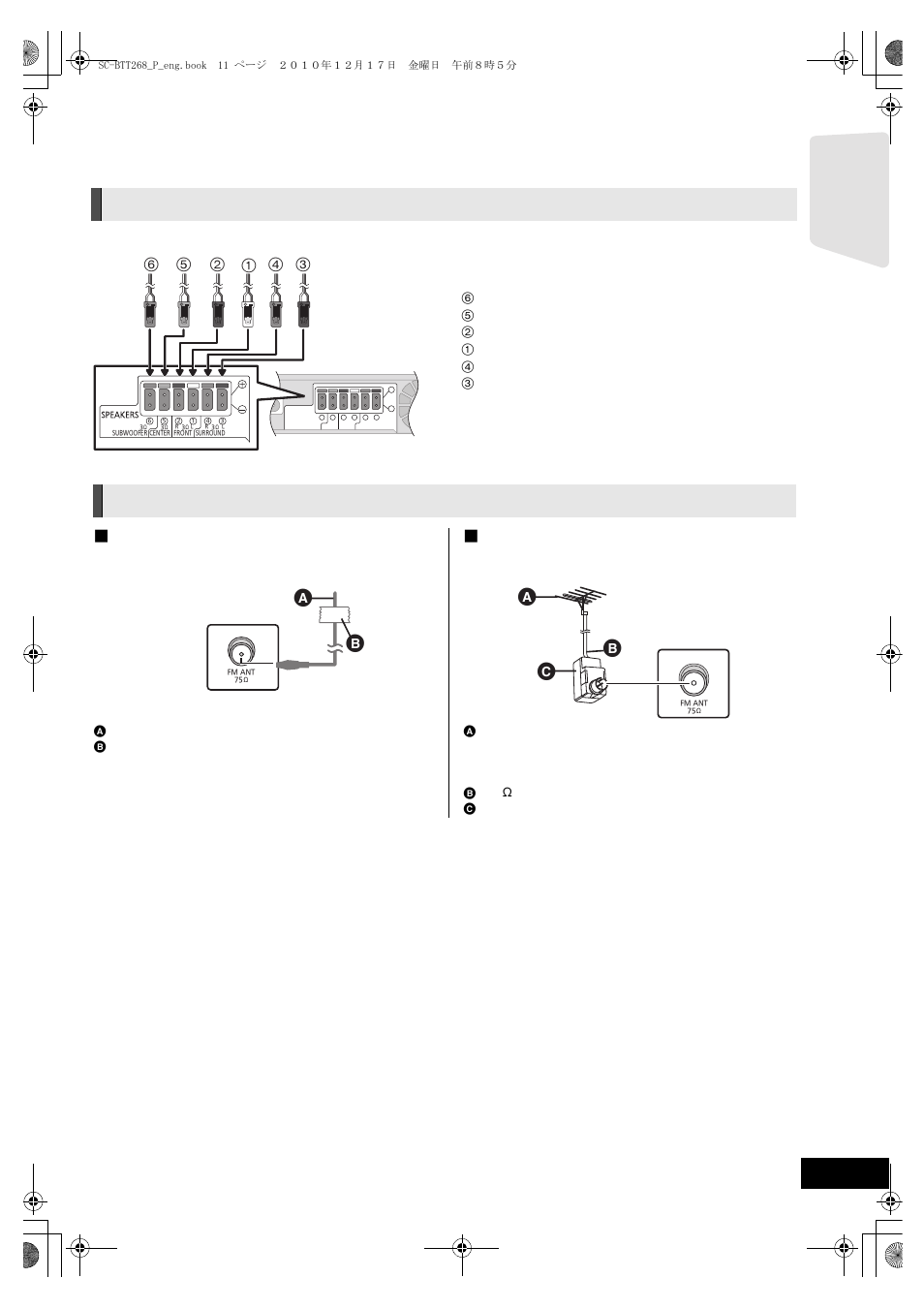 Connections, Speaker cable connection, Radio antenna connection | Step 3: connections, Speaker cable connection radio antenna connection, Using an indoor antenna ∫ using an outdoor antenna, Getting s tar te d | Panasonic SC BTT268 User Manual | Page 11 / 44