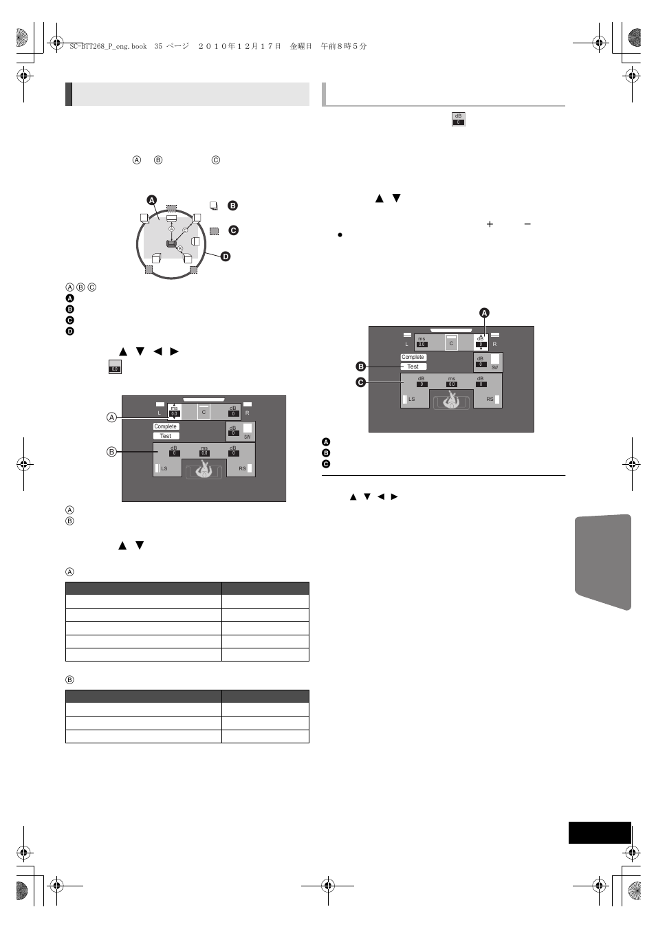 Speaker settings, Adjusting speaker level, Select “test” and press [ok | Press [ok, Ab c d | Panasonic SC BTT268 User Manual | Page 35 / 44