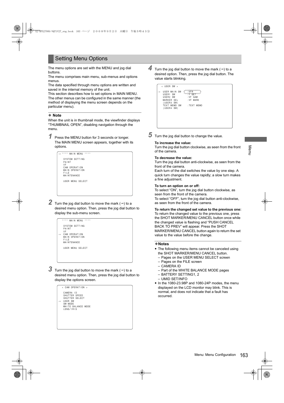 Setting menu options | Panasonic AJ-HPX3700 User Manual | Page 4 / 41