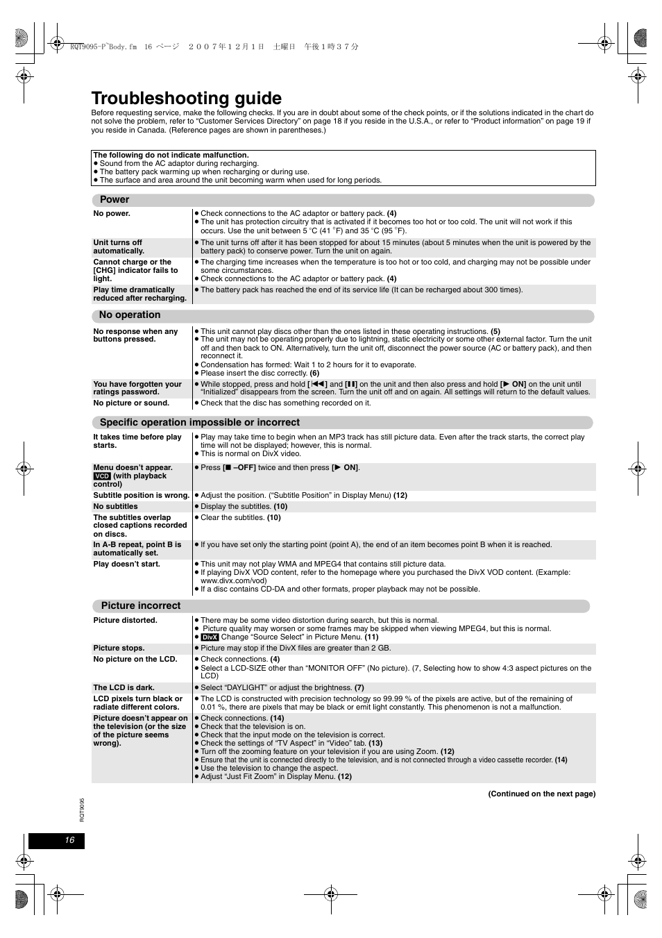 Troubleshooting guide | Panasonic DVD-LS86 User Manual | Page 16 / 20