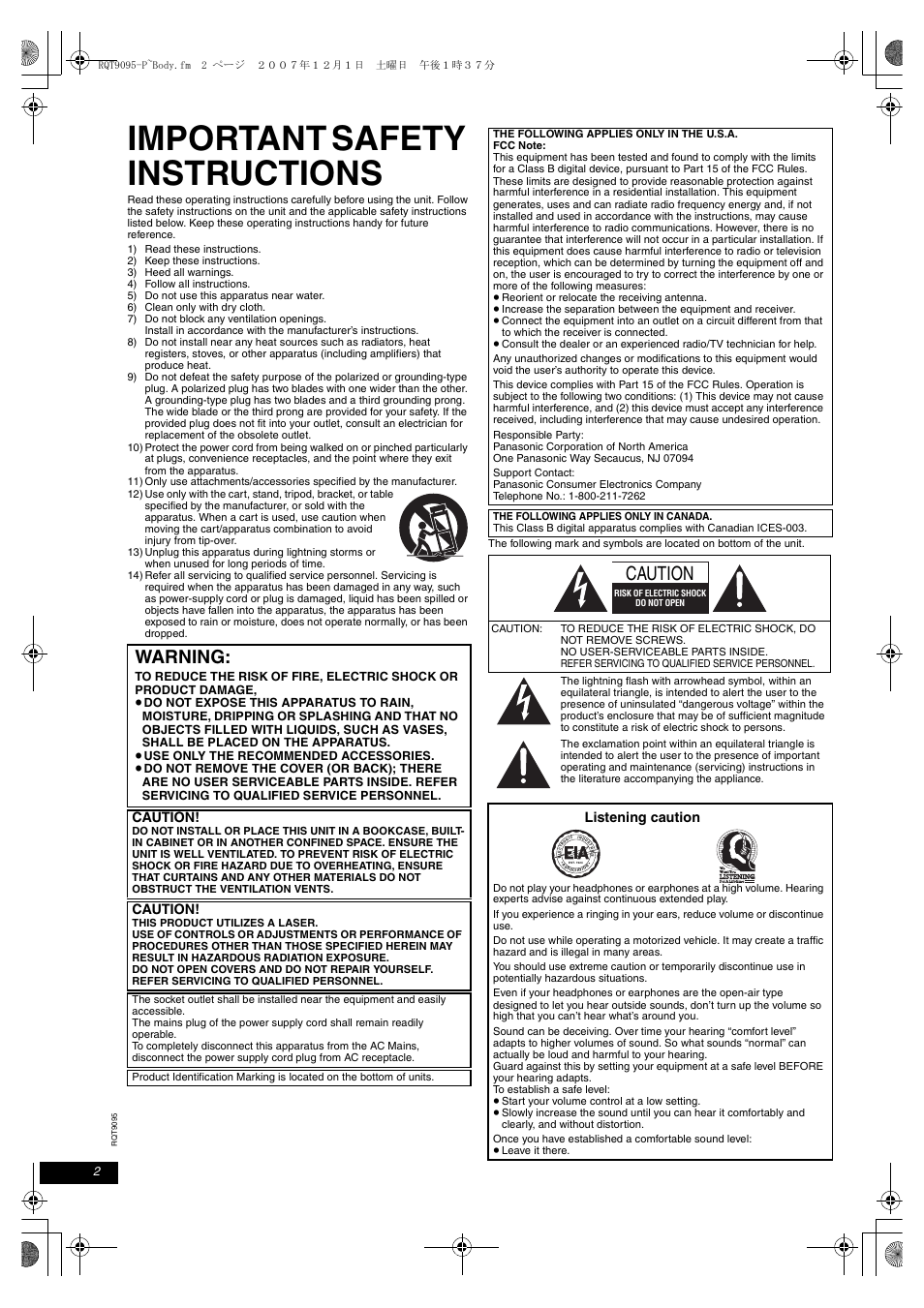 Getting started, Important safety instructions, Warning | Caution, Listening caution | Panasonic DVD-LS86 User Manual | Page 2 / 20