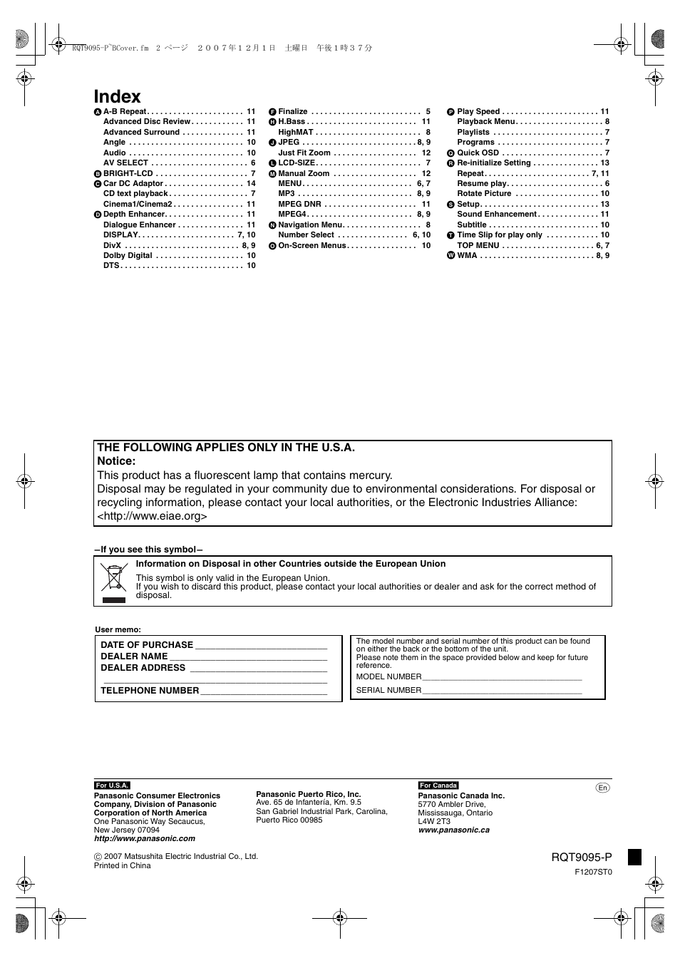 Index | Panasonic DVD-LS86 User Manual | Page 20 / 20