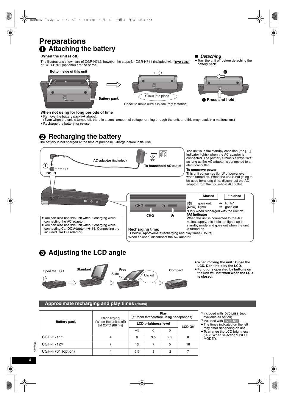Preparations, 1 attaching the battery, 2 recharging the battery | 3 adjusting the lcd angle, 1 attaching the battery 2 recharging the battery, Approximate recharging and play times | Panasonic DVD-LS86 User Manual | Page 4 / 20